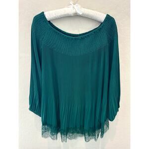 ALEX MARIE | Emerald Green Silky Pleated Smocked Neck Dressy Lace Blouse | Large